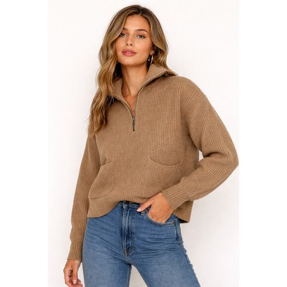Madewell Sweaters - Madewell Merino Wool Quarter Zip Boxy Sweater Womens XS Tan Brown Rib Knit